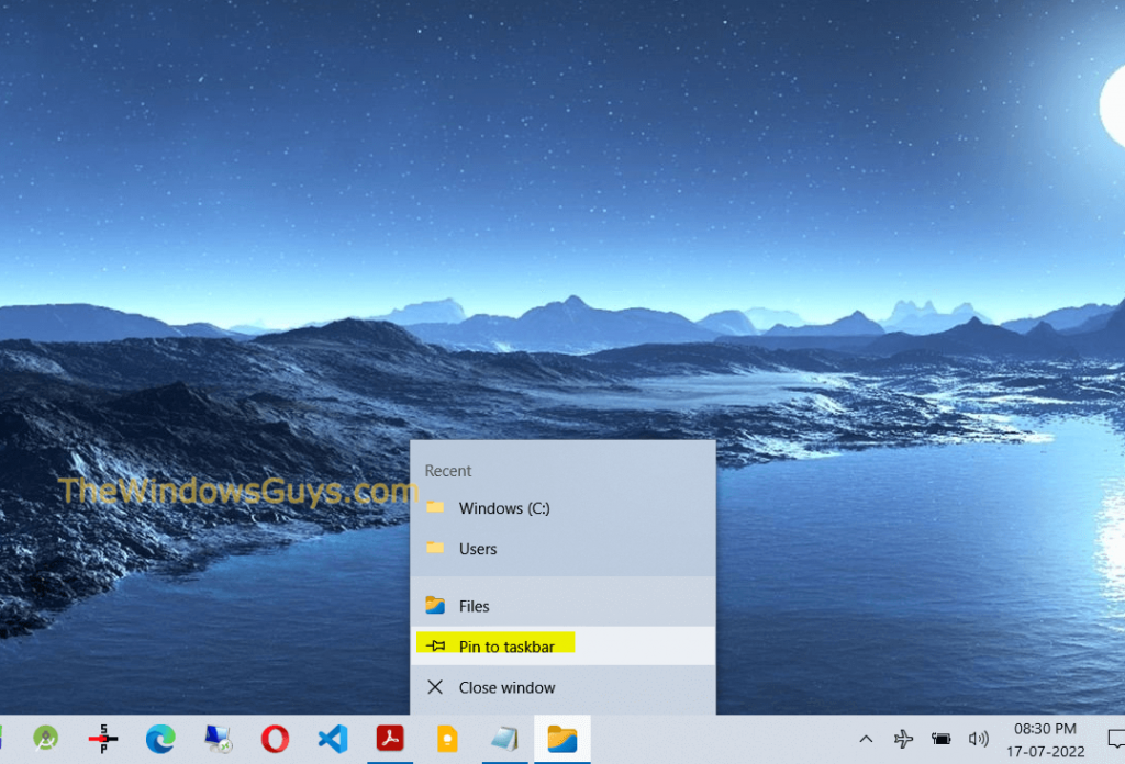 Pinning the Files app to taskbar for easy access