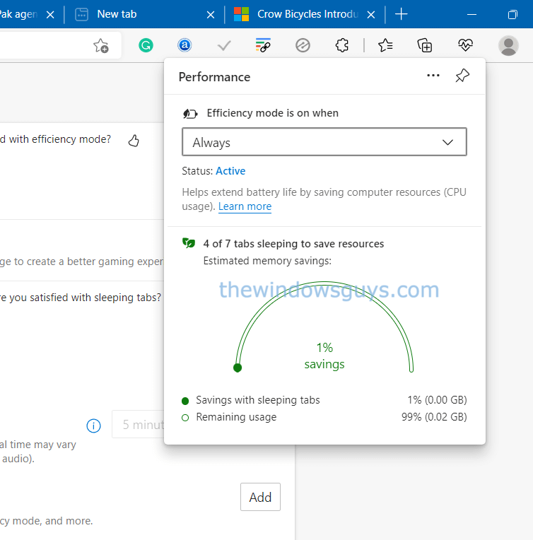 save memory in edge browser